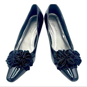 Peter Dumas “Renetti-16” patent leather heels w/rosette & seed beaded vamp